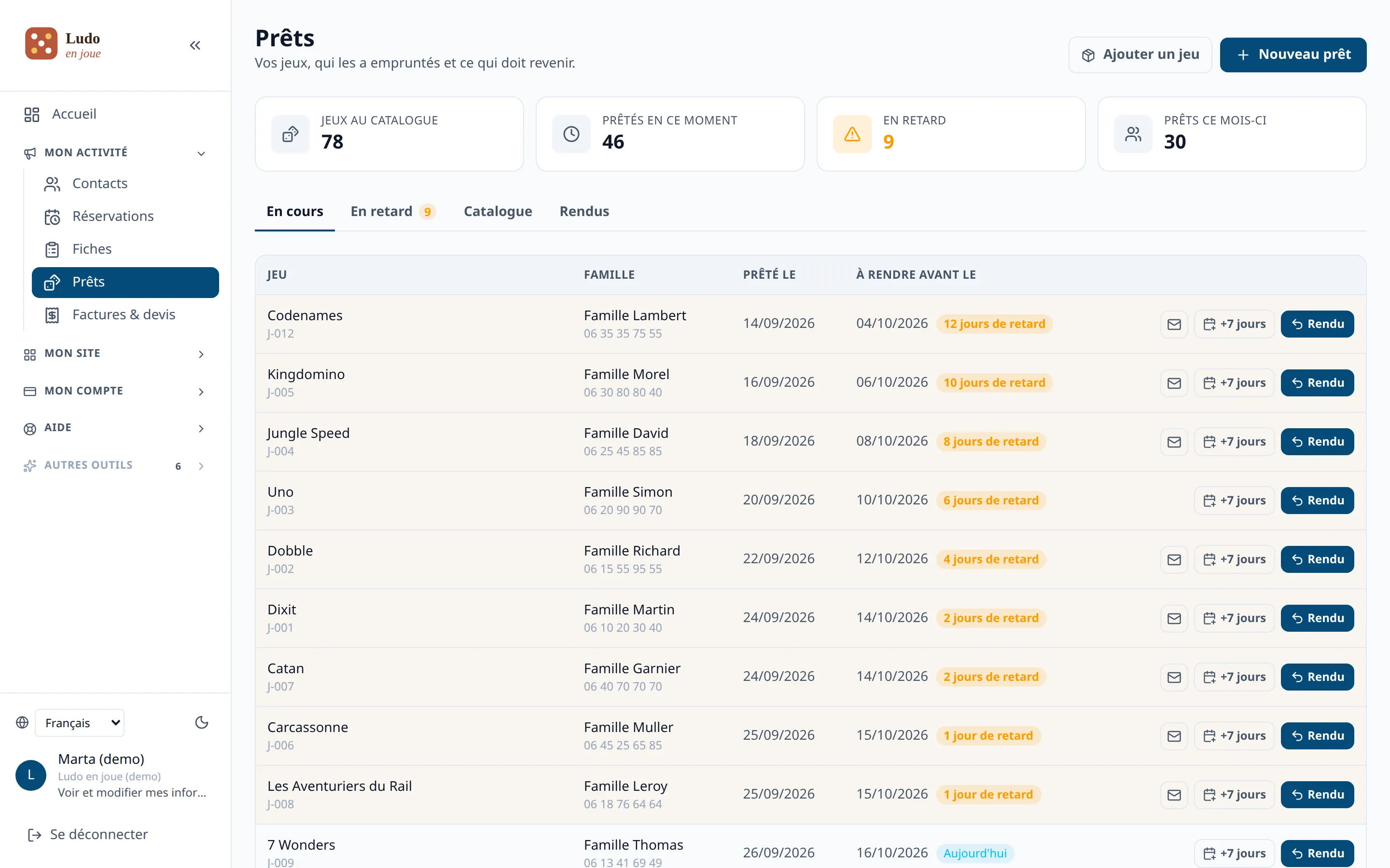 Toy library: game loans, families and invoices in a single panel