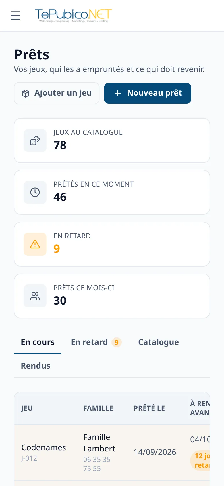 Toy library: game loans, families and invoices in a single panel — versión móvil