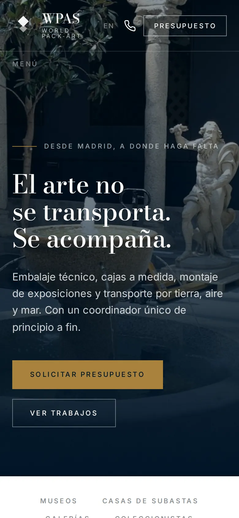 Fine art transport: a bilingual website that finally says where the company is — versión móvil
